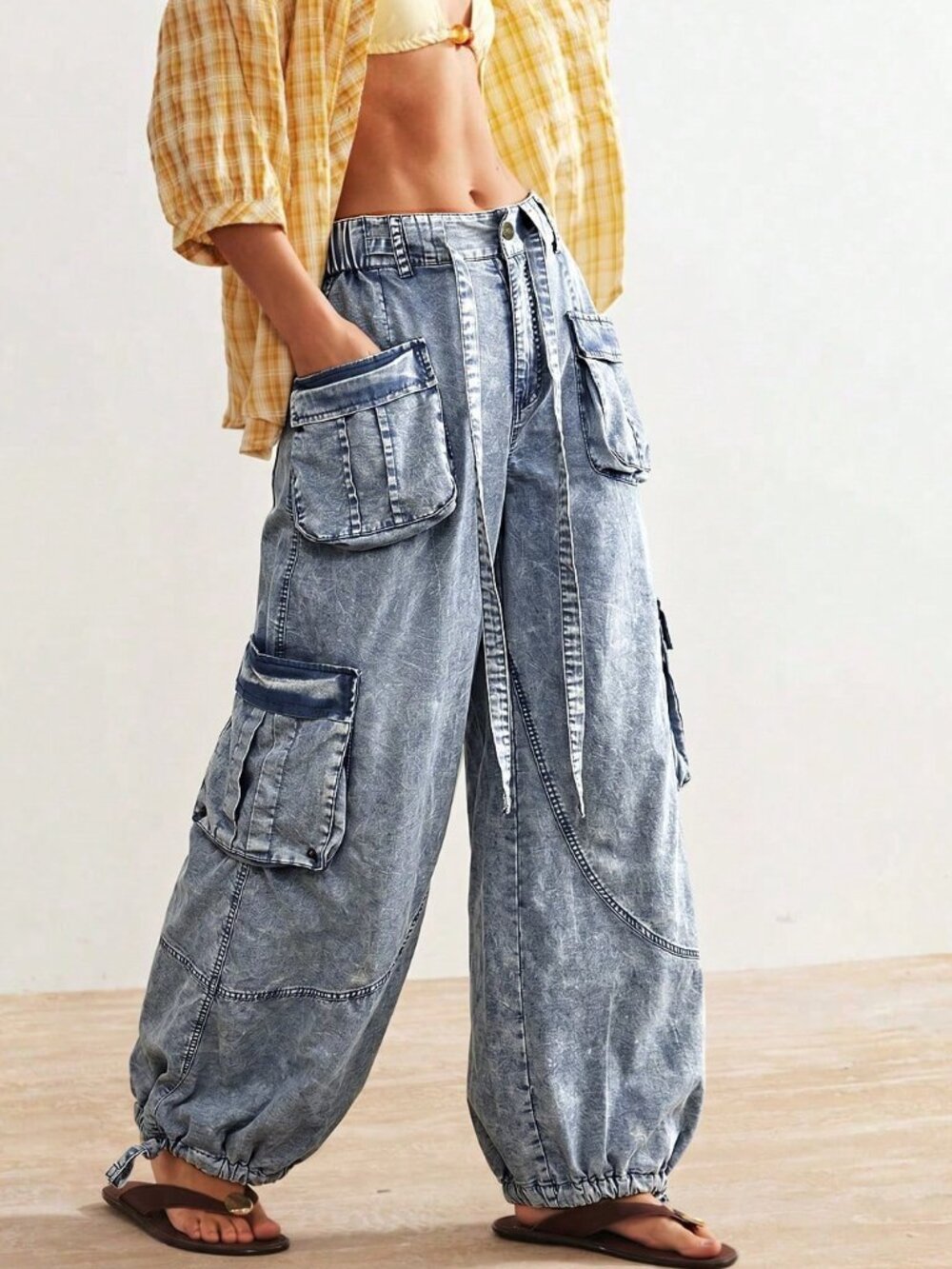 Blue Casual Women's Y2K Woven Relaxed Cuffed Low Waist Long Pants - Picture 8 of 10